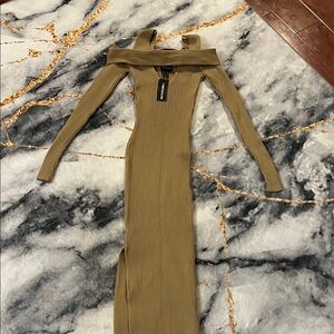 PrettyLittleThing Tan Long Sleeve Ribbed Dress